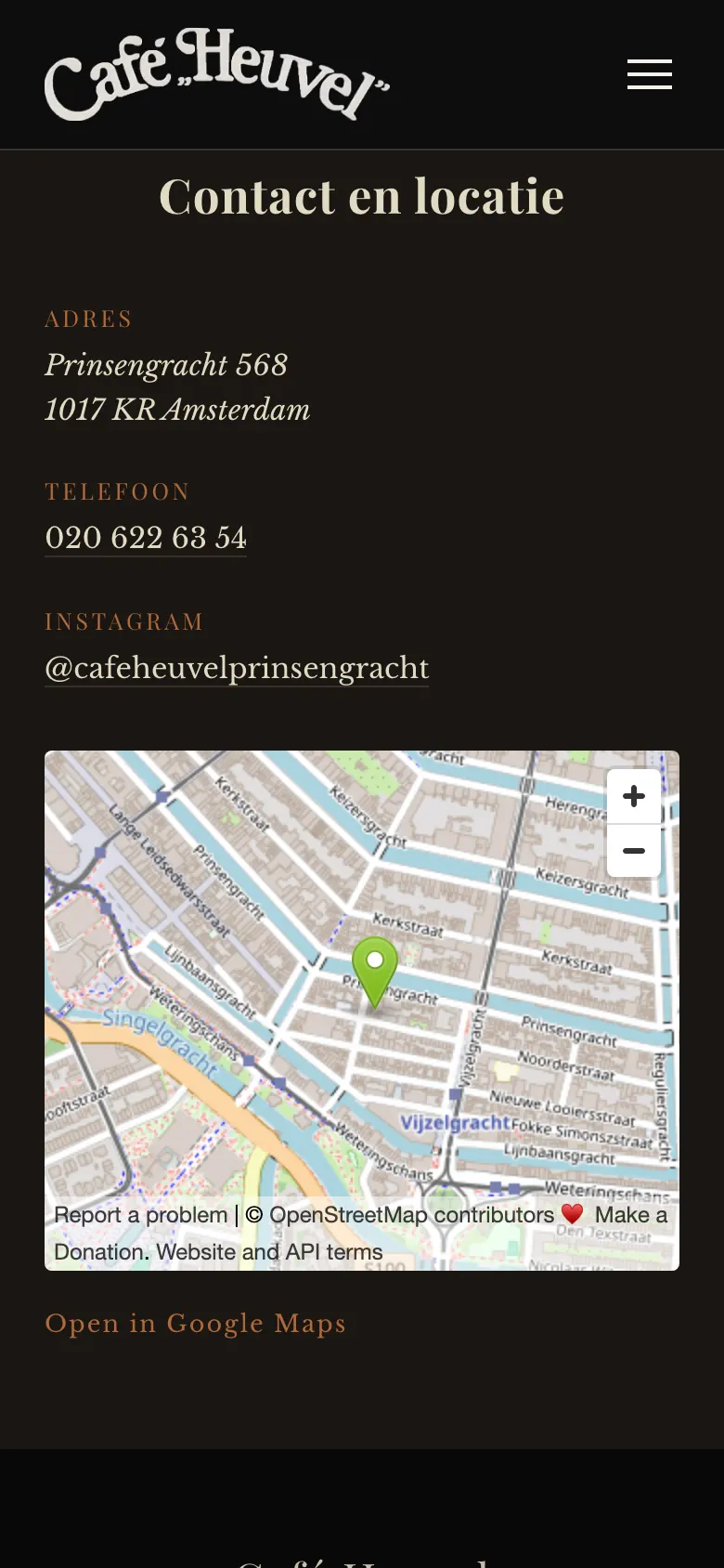 Het contactblok van Café Heuvel op een telefoon, met adres en links